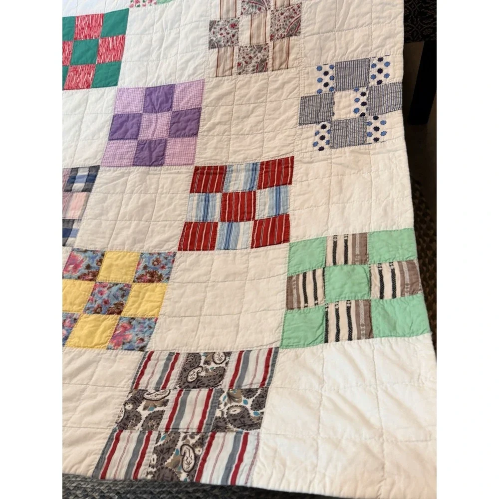 Early Antique Quilt  Nine Patch Hand Stitched 76